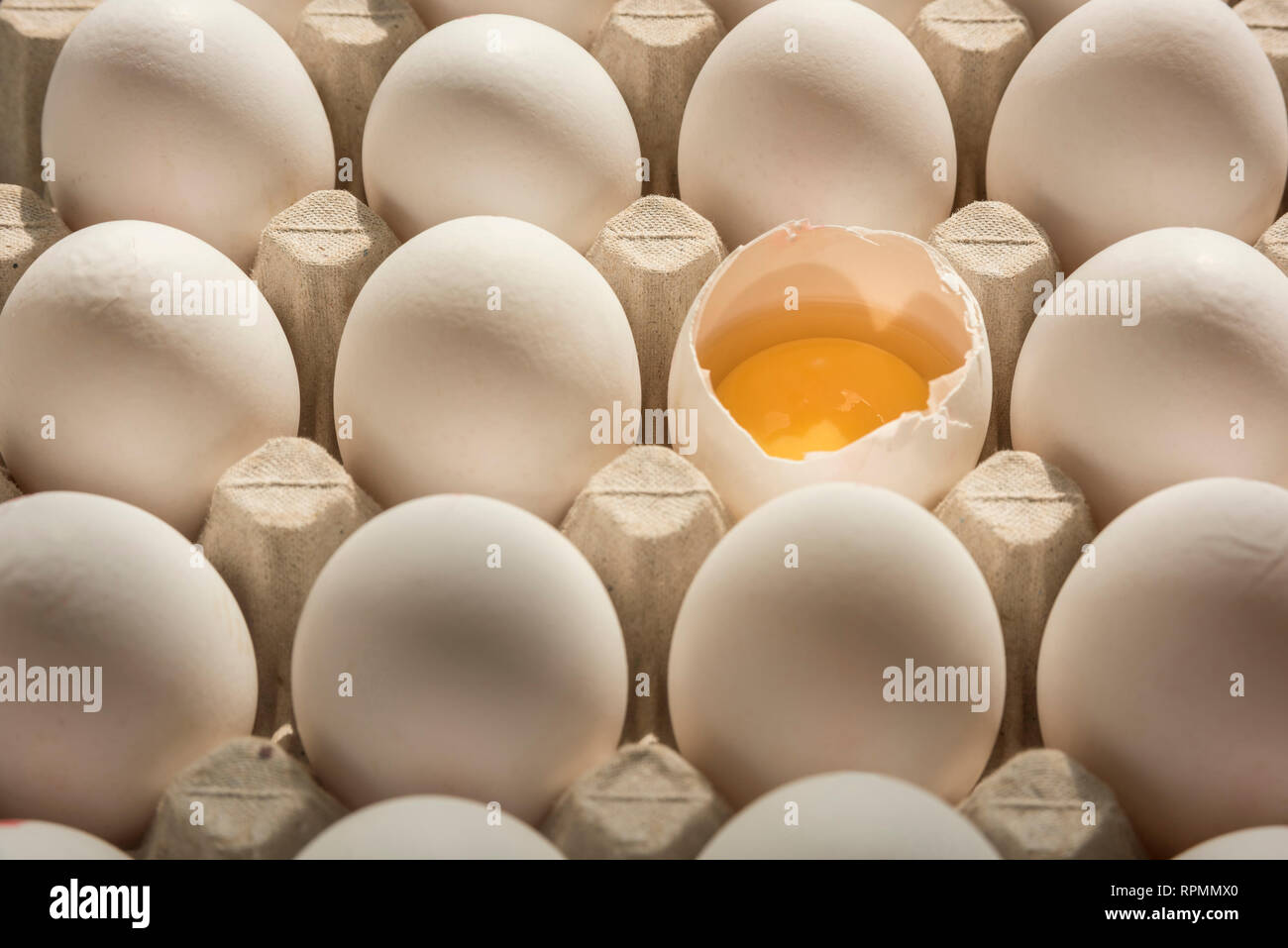 Many eggs in egg carton, one broken egg shell with visible egg yolk