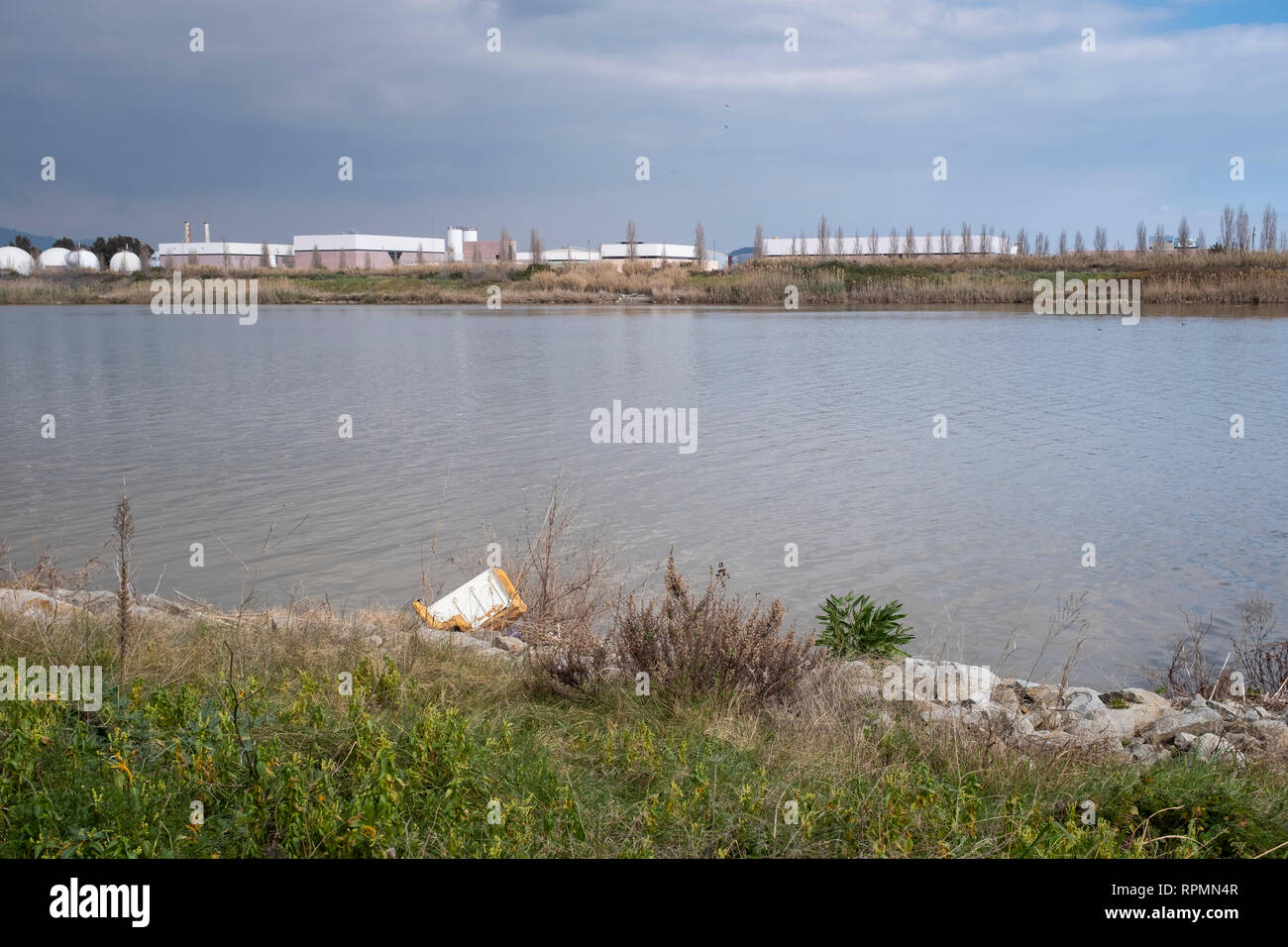 Llobregat River with industrial area in background and garbage in the foreground. Natural Areas of the Llobregat Delta. Catalonia. Spain. Stock Photo