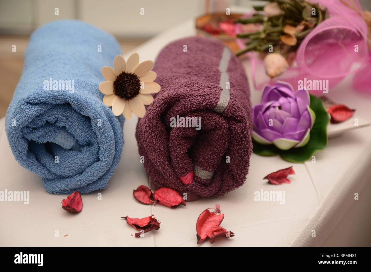 towels wellness bathroom healthy flower shower waterlife style Stock Photo