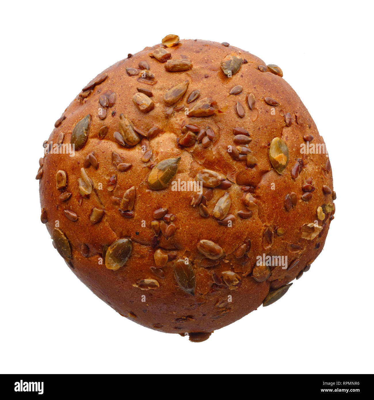 Food and drinks: single round multigrain bun with whole seeds, isolated on white background Stock Photo