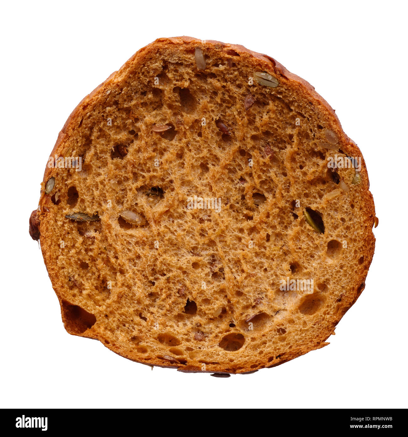 Food and drinks: single round multigrain bun with whole seeds, isolated on white background Stock Photo
