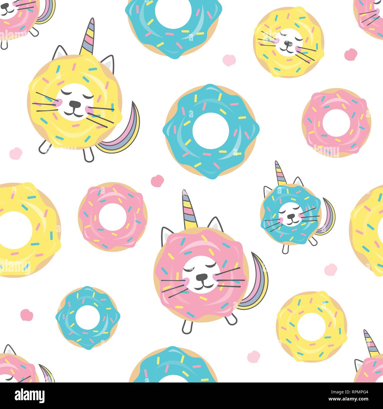 Childish seamless pattern with cute donut cat unicorn. Creative texture for textile, wallpaper, fabric, decor Stock Vector