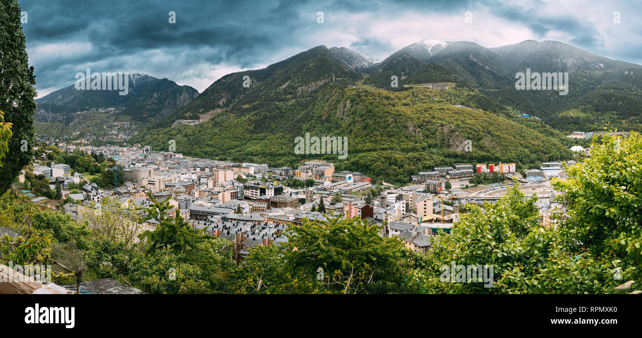 Andorra, Principality Of The Valleys Of Andorra  - May 15, 2018: Top Panoramic View Of Cityscape In Summer Season. City In Pyrenees Mountains. Stock Photo