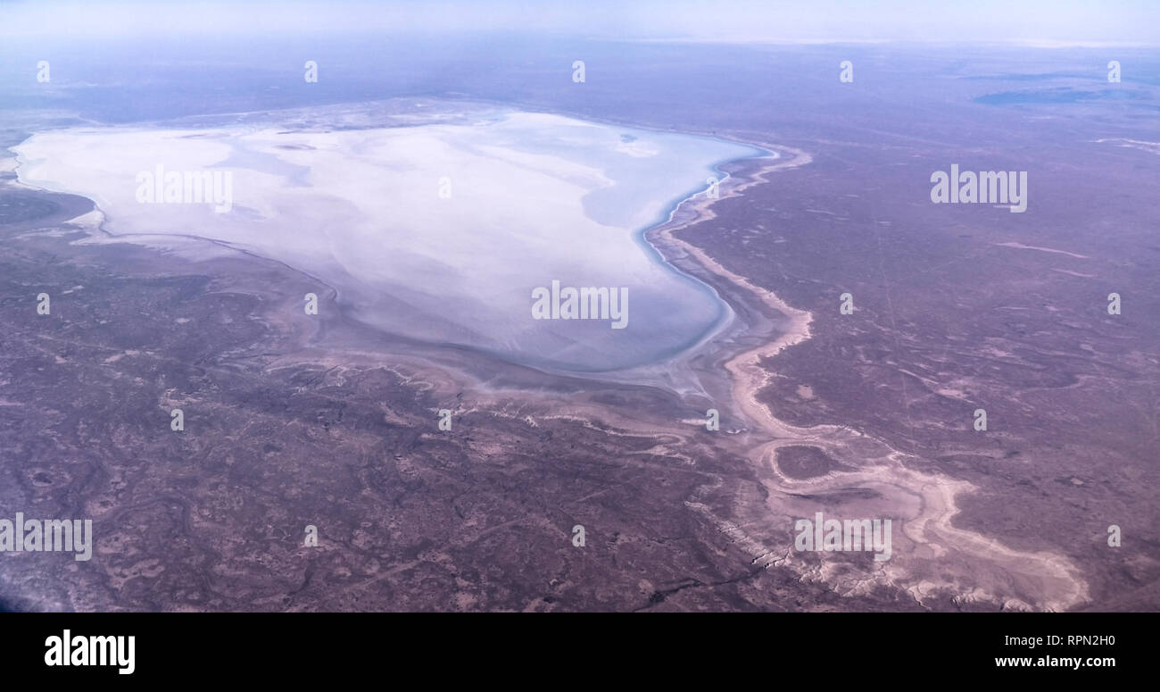 Aerial Panorama view to saline Barsa Kelmes lake and Ustyurt plateau , Karakalpakstan, Uzbekistan Stock Photo