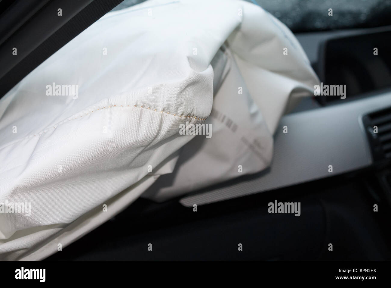Car crash. Airbags deployed by a road traffic accident in the UK. Close