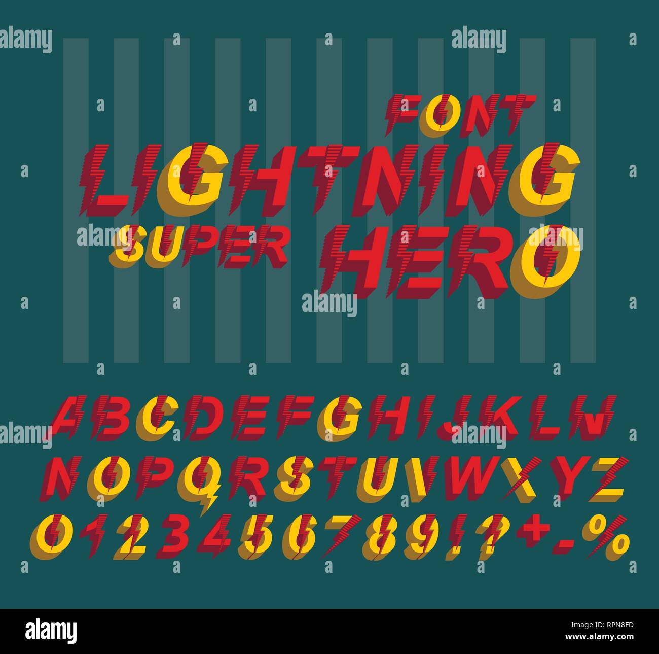Lightning Super hero font. 3D alphabet letters and numbers in a comics