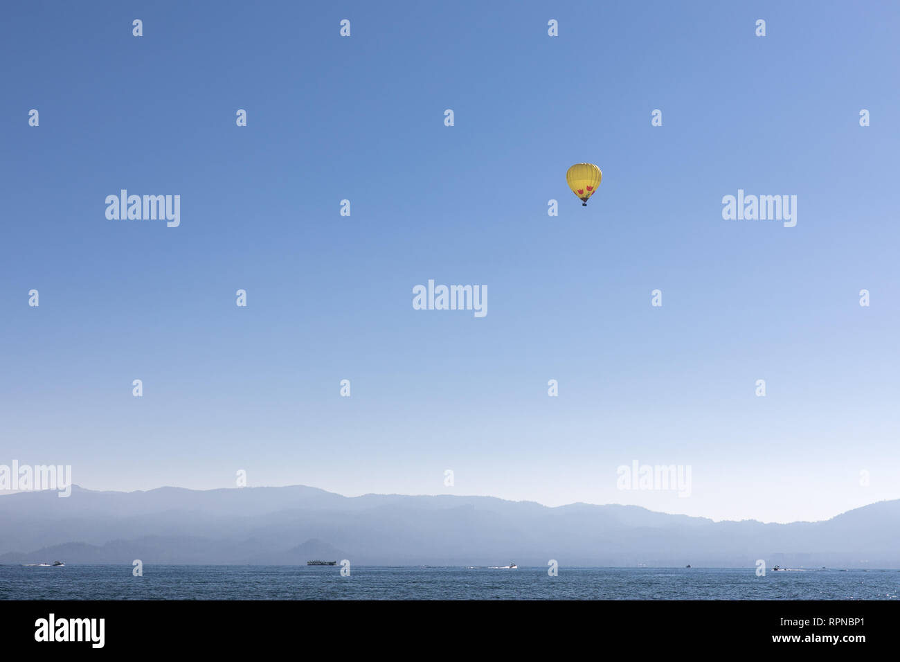 A hot air balloon over south Lake Tahoe in California Stock Photo