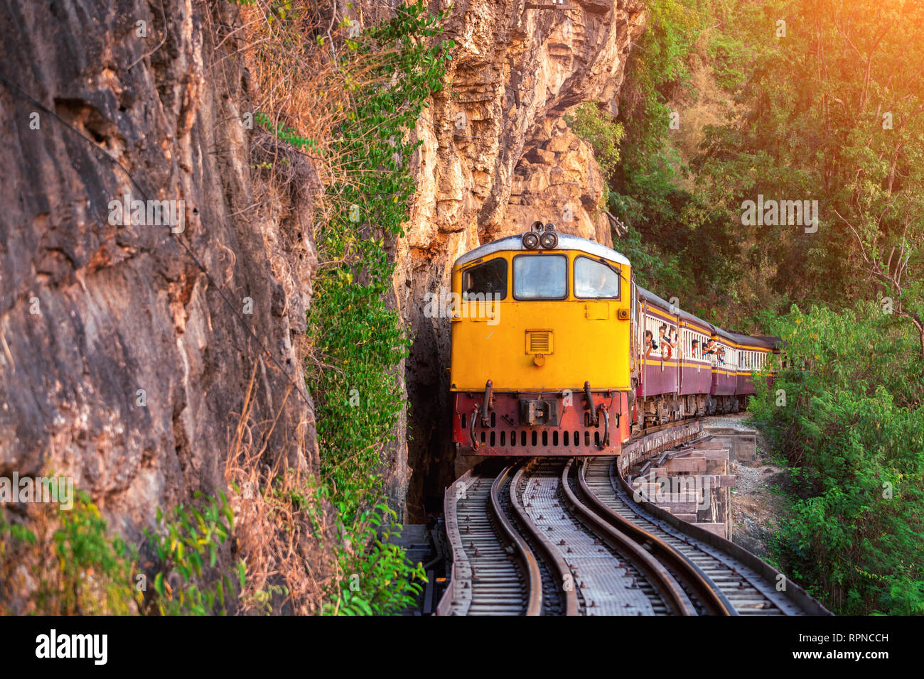 Thai retro train in Kanchanaburi, Thailand. Stock Photo