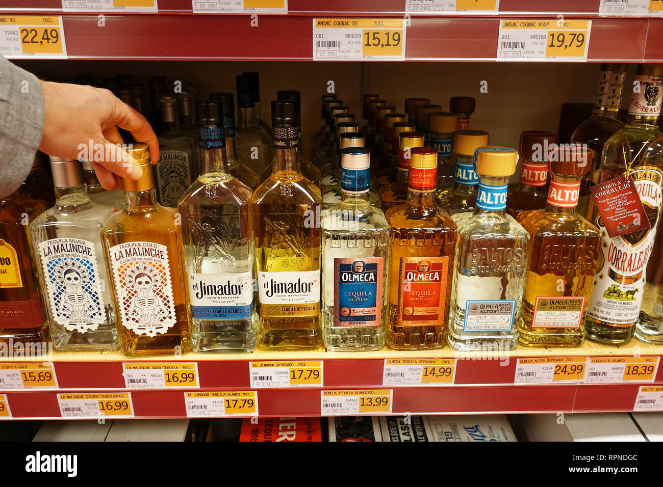 Various Tequila brands in a store Stock Photo