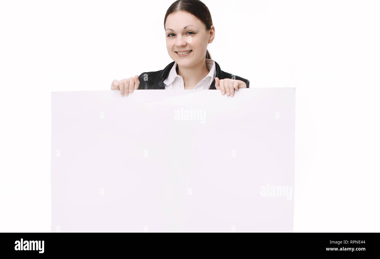 Young Woman Employee Of The Company Holding A Blank Banner Stock