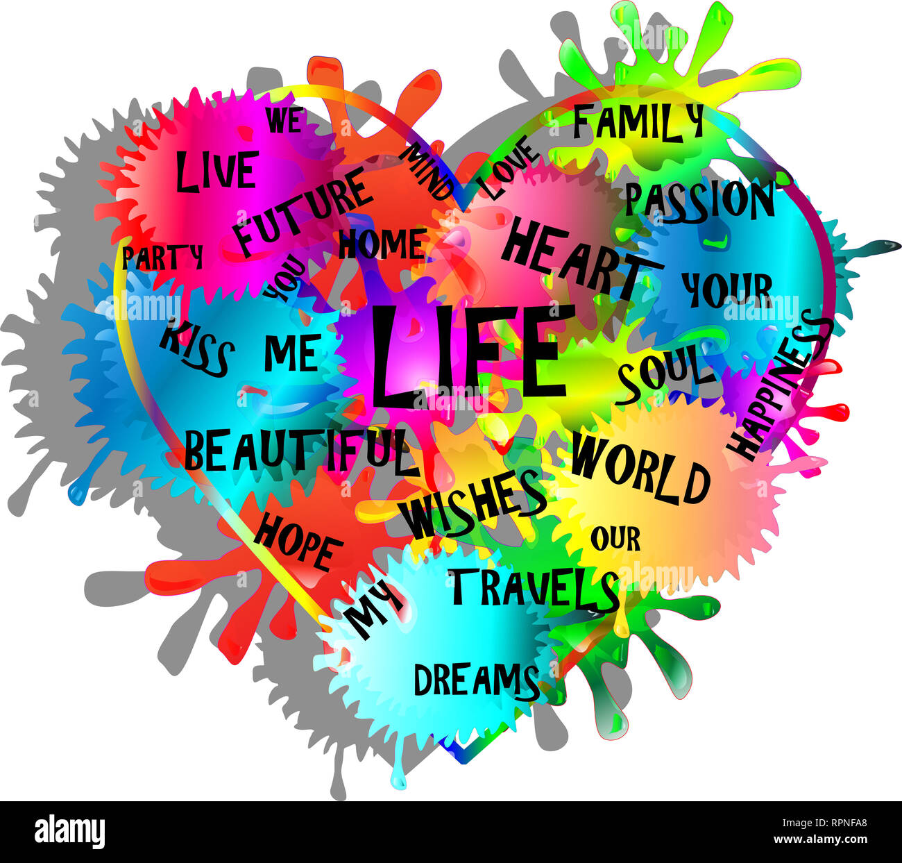 colourful heart with paint splashes and life words on it. slight shadow ...