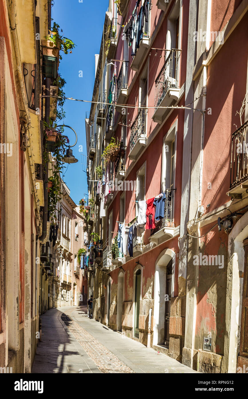 Narrow medieval streets of the old town of Cagliari, capital of Sardinia, Italy Stock Photo