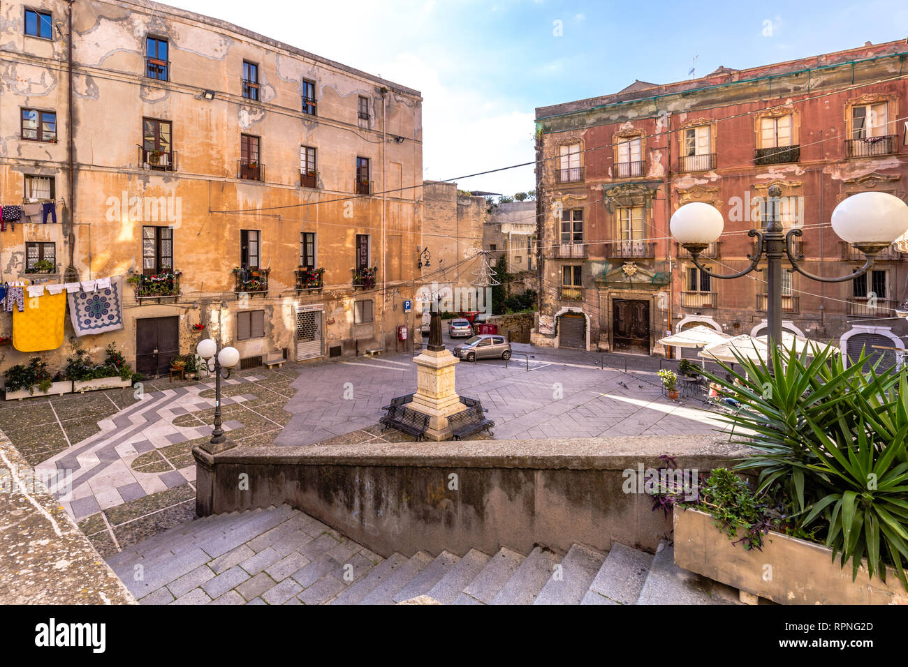 Carlo alberto square with the statue of St. Francis in Cagliari capitla city of Sardinia island, Italy Stock Photo