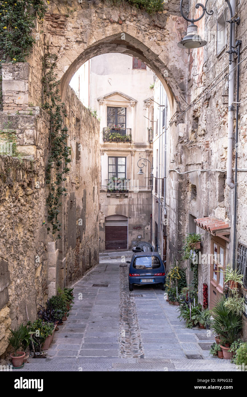 Narrow medieval streets of the old town of Cagliari, capital of Sardinia, Italy Stock Photo Alamy