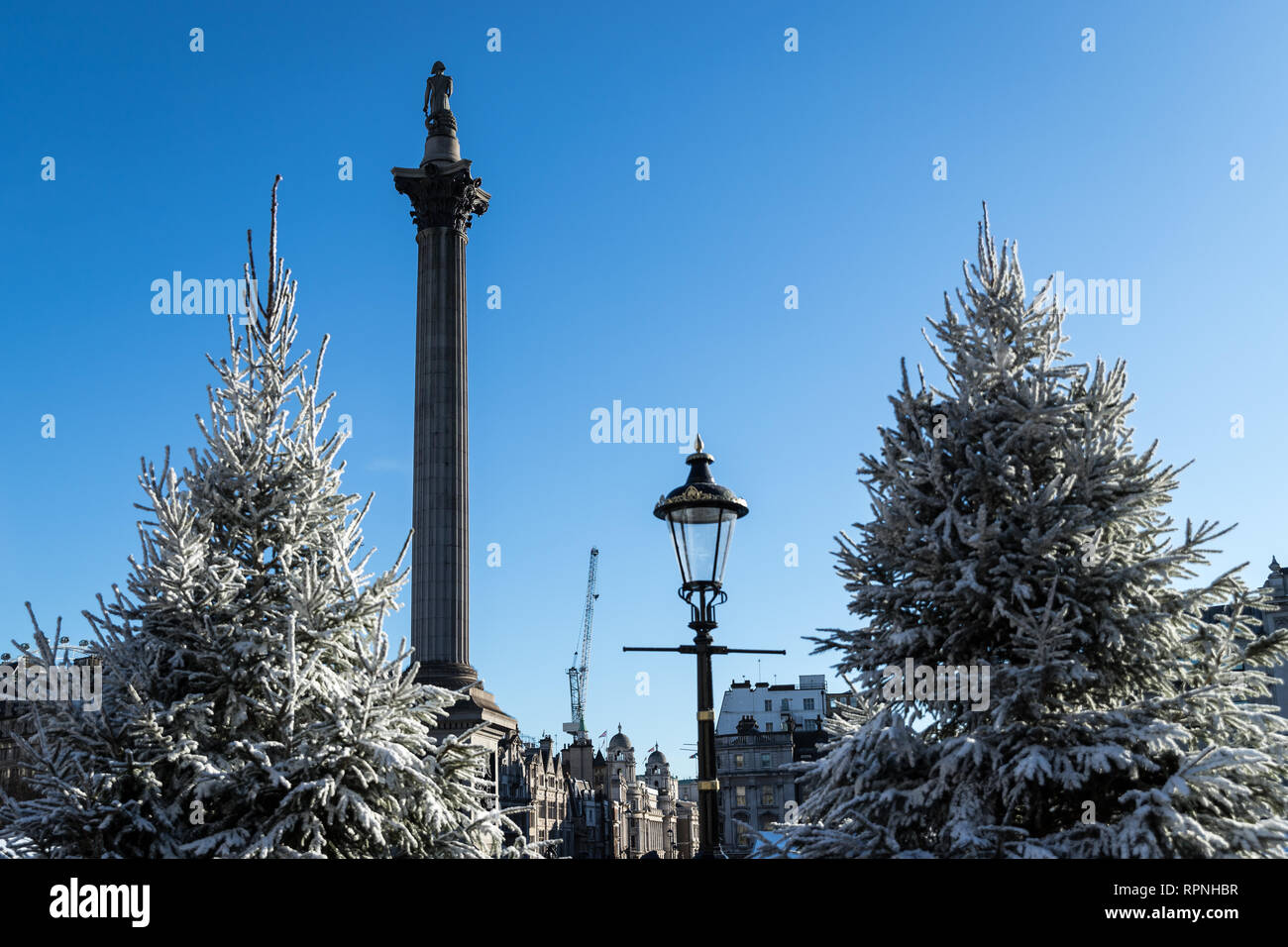 Snow and winter decorations in Trafalgar Square Stock Photo