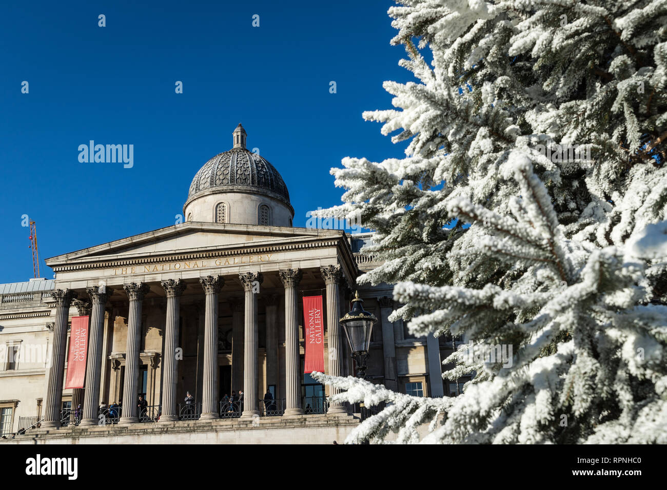 Snow and winter decorations in Trafalgar Square Stock Photo