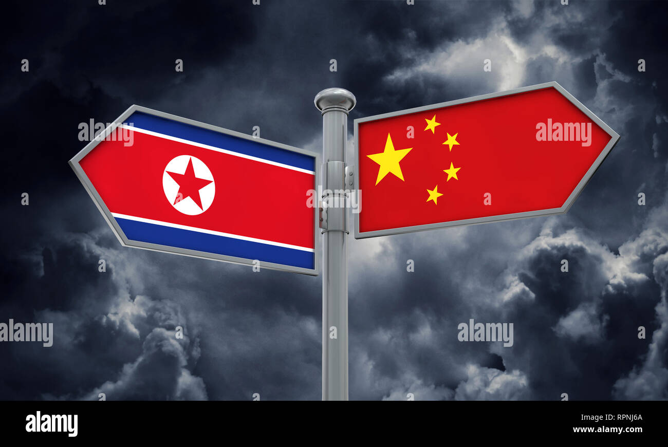 China and North Korea flag sign moving in different direction. 3D Rendering Stock Photo