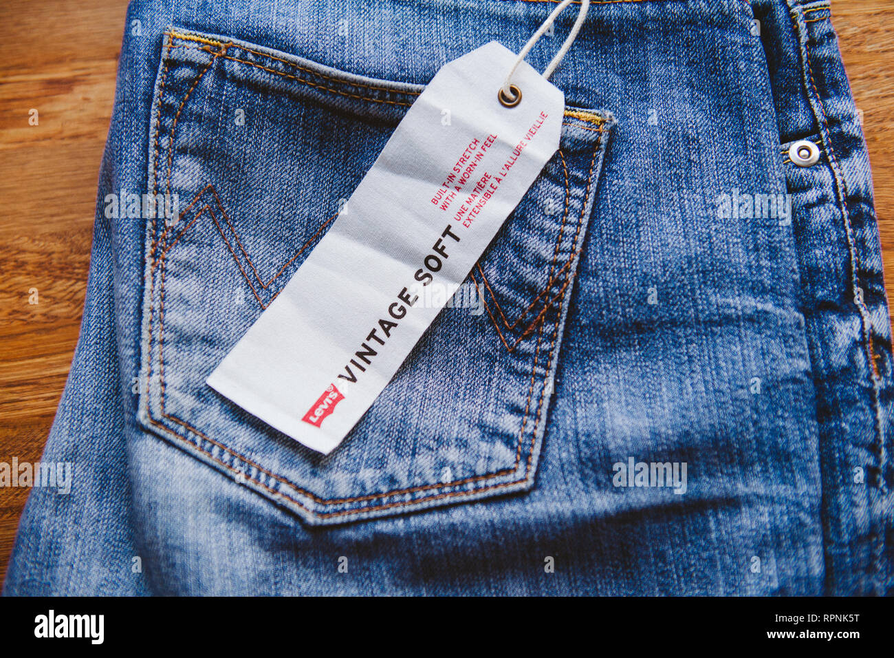PARIS, FRANCE JAN 2, 2018: New Jeans With Price Tag Manufactured By The  Levi's Placed On Natural Wooden Table Model Vintage Soft Price Tag 110  Euros Stock Photo Alamy 