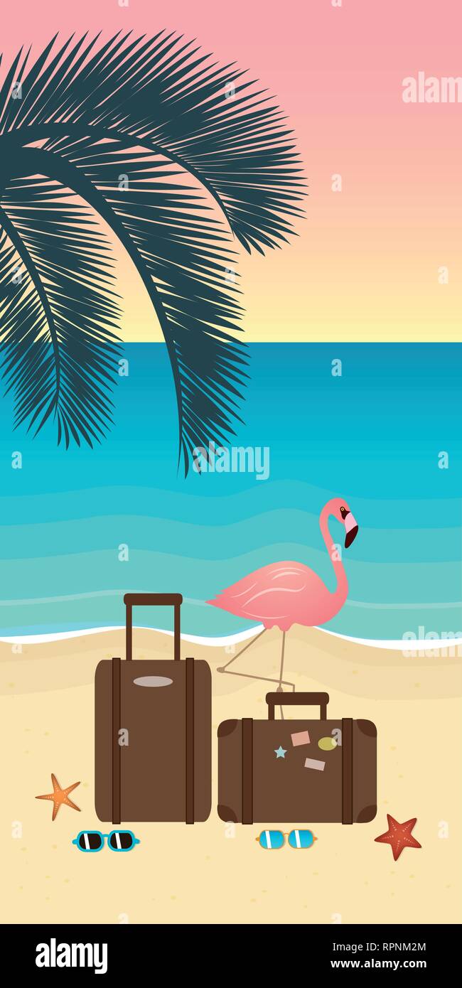 pink flamingo starfish sunglasses and travel suitcase on the beach summer holiday vector illustration EPS10 Stock Vector