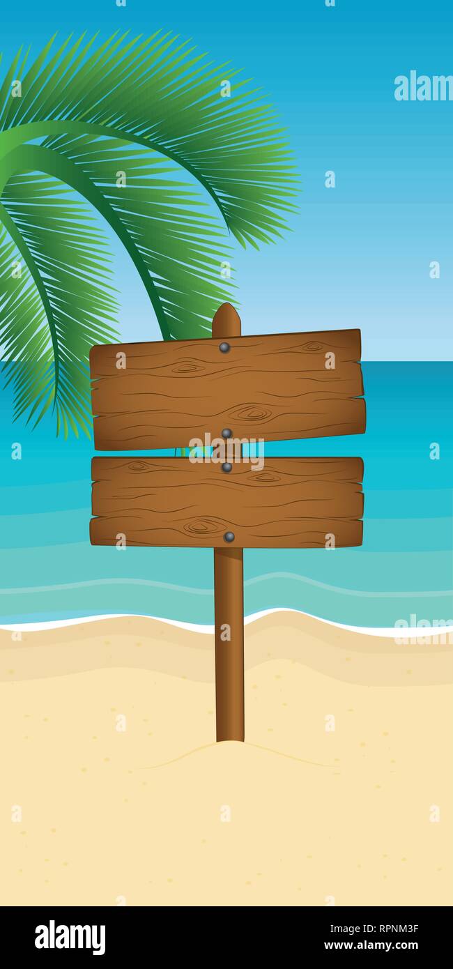 wooden sign on palm beach summer vacation with copy space vector illustration EPS10 Stock Vector