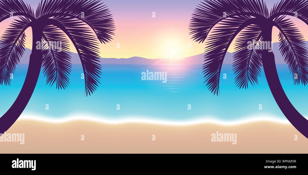 summer vacation paradise beach with palms at sunset vector illustration EPS10 Stock Vector