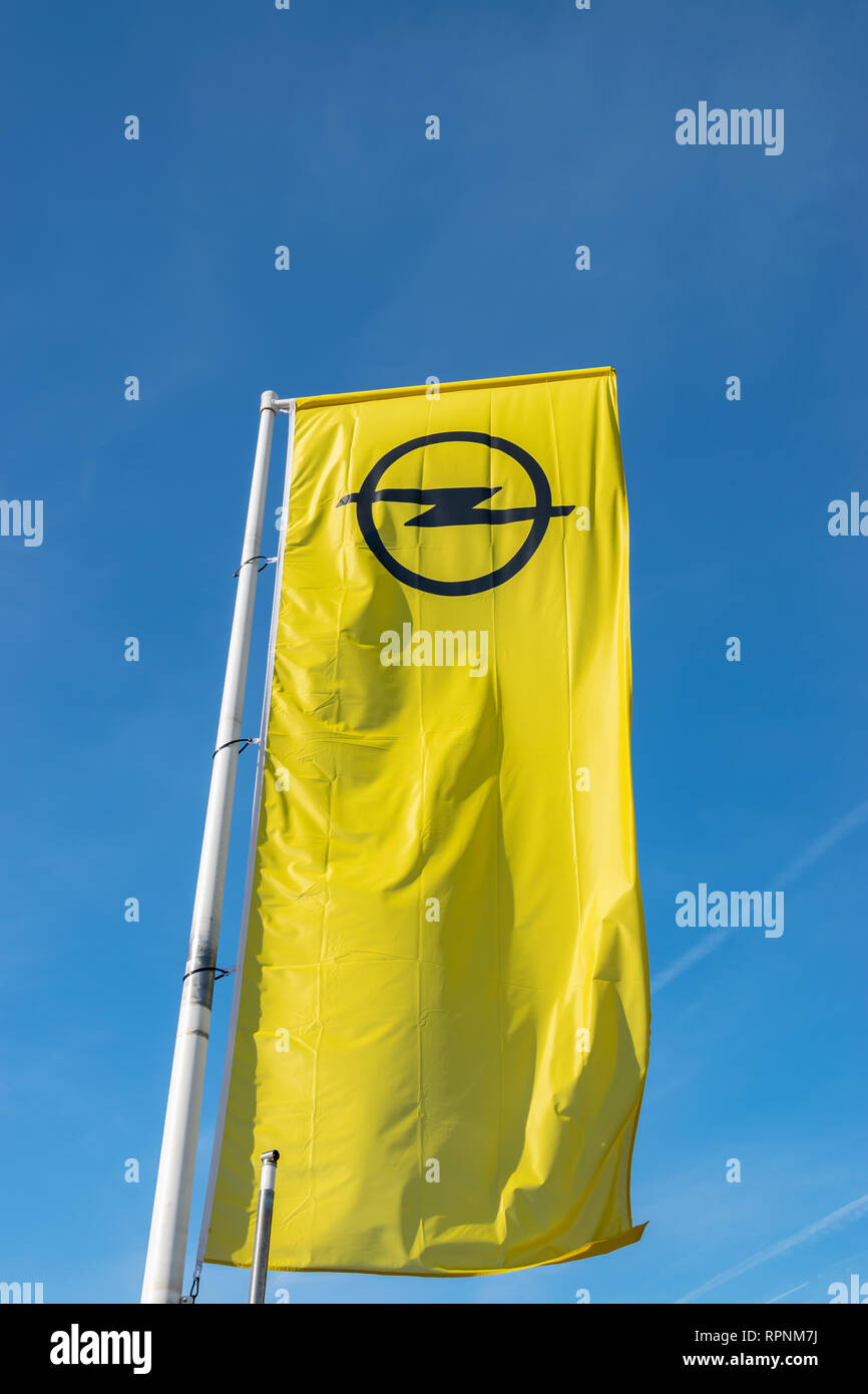 RONCQ,FRANCE-February 20,2019:View of the Opel brand logo on the flag. Stock Photo
