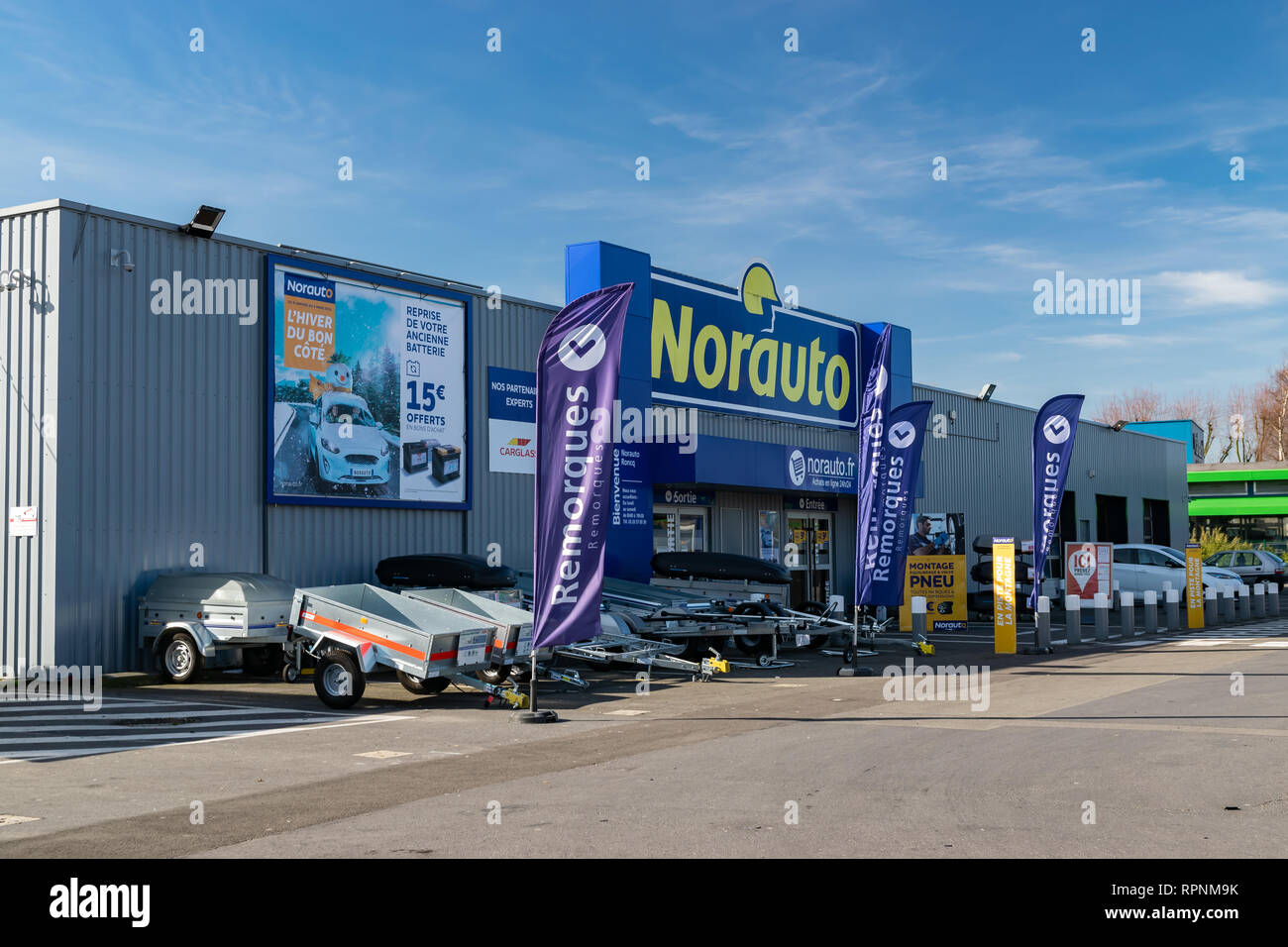 RONCQ,FRANCE-February 20,2019: Building of a Norauto car service station. Stock Photo