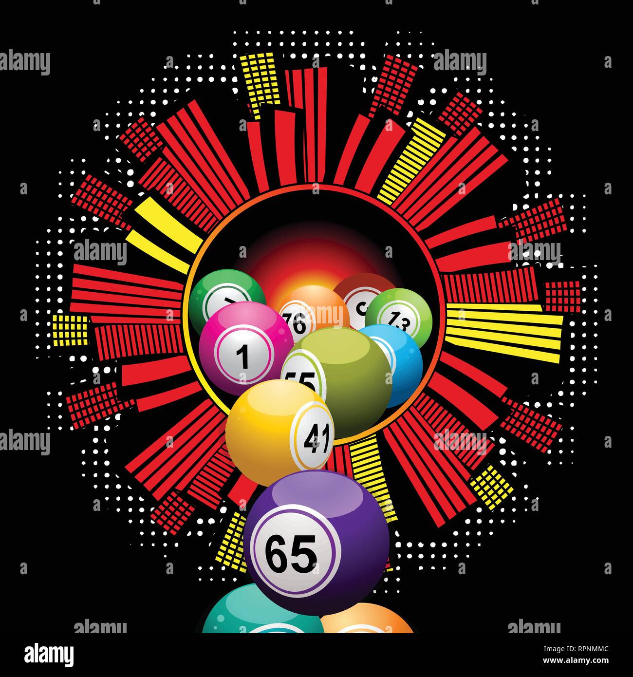 Bingo Lottery Balls Falling From a Cartoons Style Cityscape Circular Border Over Black Background Stock Vector