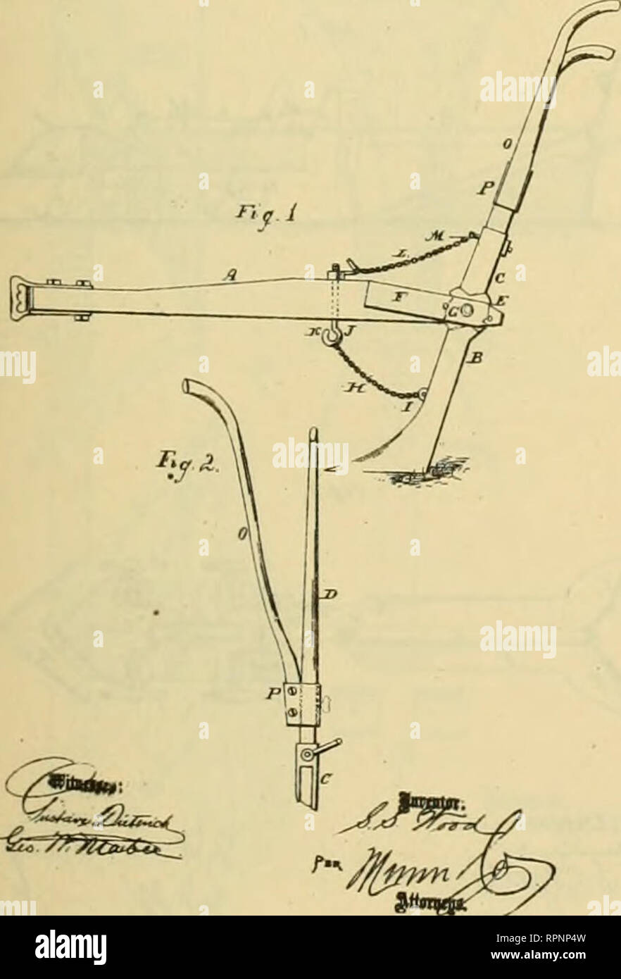 . Allen's digest of plows, with attachments, patented in the United States from A.D. 1789 to January 1883 ... Plows; Patents. ^JMtonuji V No. 106,443. S. S. WOOD, Ditching Plow, Pfflented Aug. 16,1870. MARTIN &amp; BRADSHAW. DitchiQg Plow, No. 107,393. Patented Sept 13, 1870.. Please note that these images are extracted from scanned page images that may have been digitally enhanced for readability - coloration and appearance of these illustrations may not perfectly resemble the original work.. Allen, James T. (James Titus). [Washington, D. C. , Joseph Bart, Printer Stock Photo