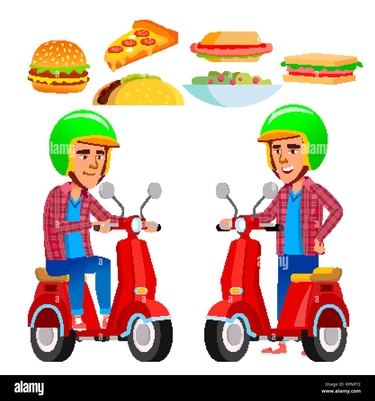 Food Delivery Service Vector. Red Scooter. Man. Pizza. Isolated Flat ...