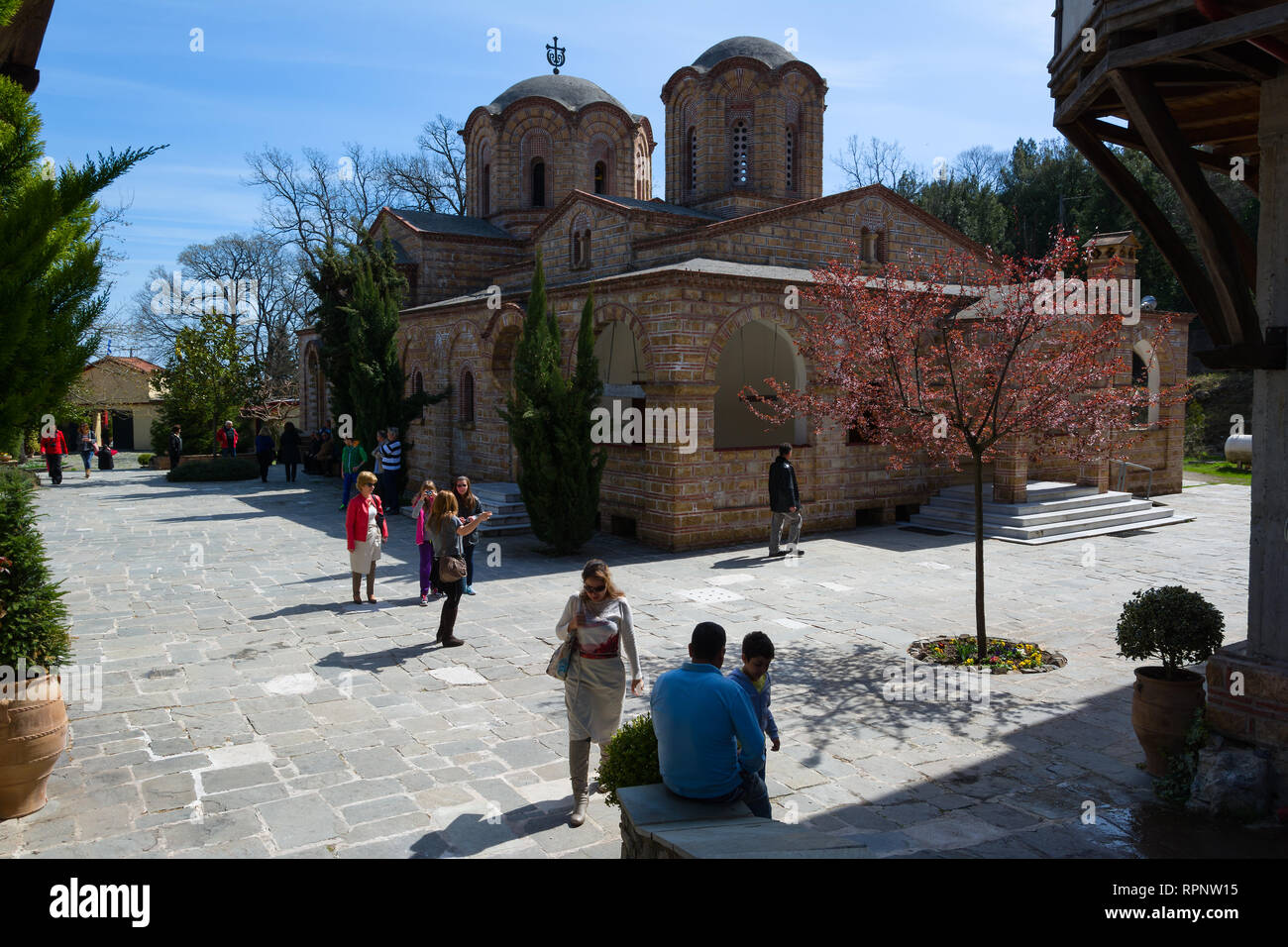 LITOCHORO, GREECE - APRIL 12, 2015: Monastery of Saint Dionysius of Mount Olympus, Litochoro, Greece. Stock Photo