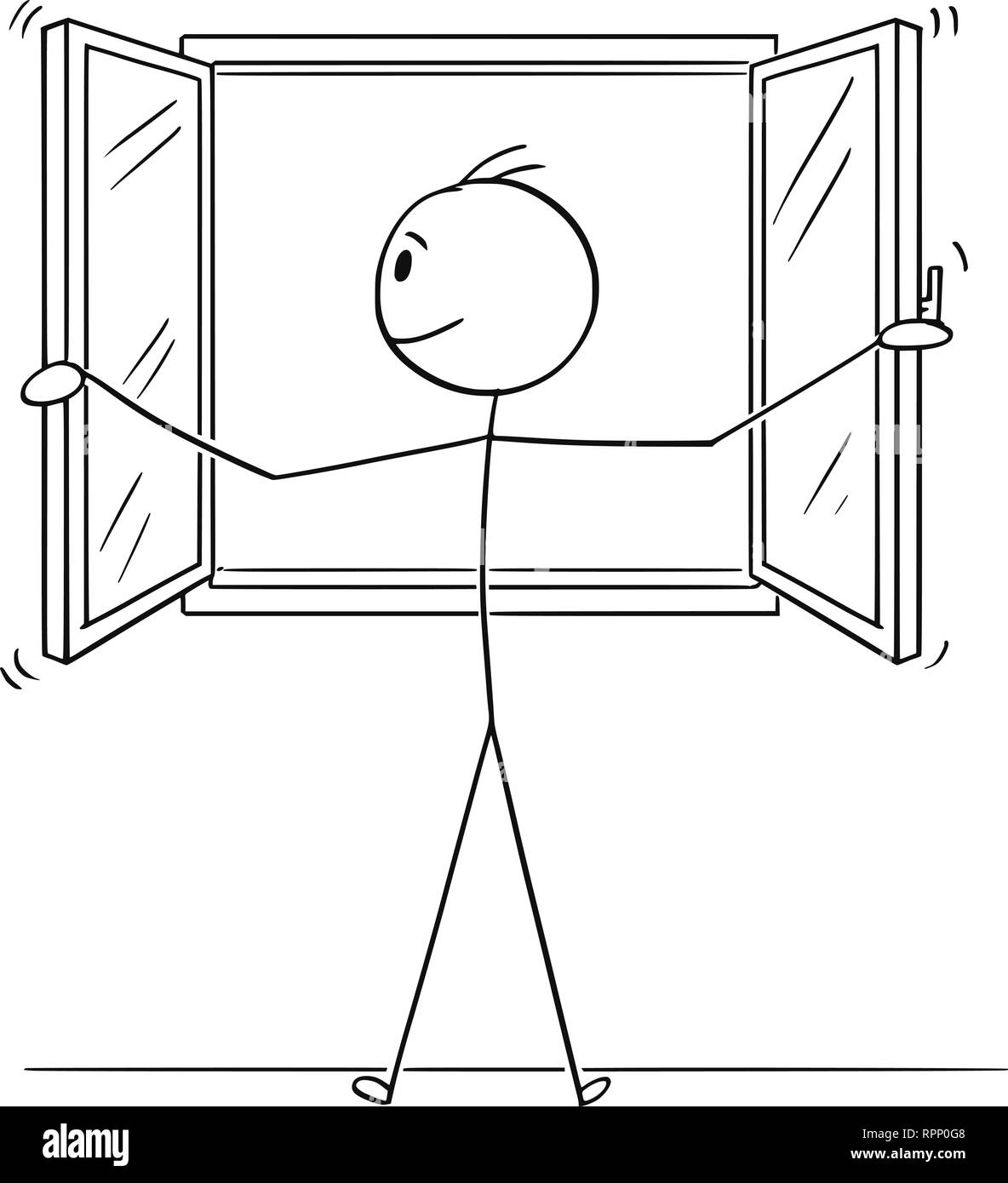 Cartoon of Man Opening Window Stock Vector