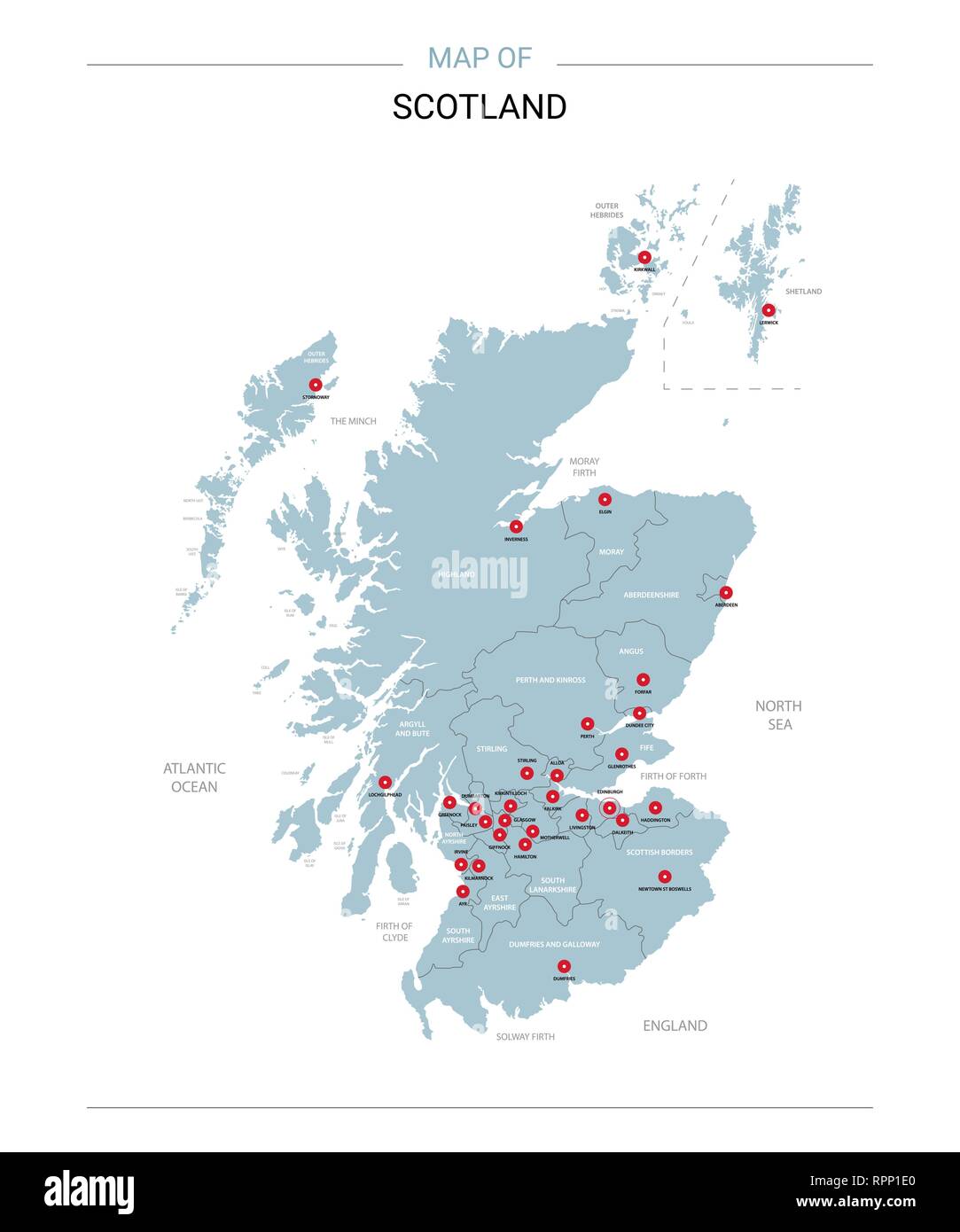 Map Of Scotland Regions Scotland Vector Map. Editable Template With Regions, Cities, Red Pins And  Blue Surface On White Background Stock Vector Image & Art - Alamy