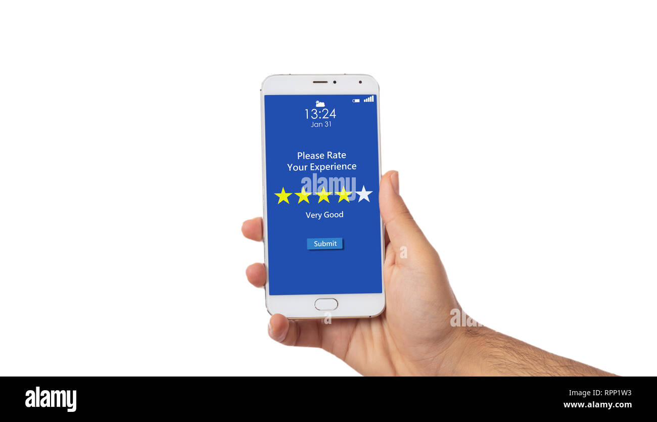 Customers service rating, review. Man hand holding a smartphone, 4 stars, very good text on the screen, isolated on white background Stock Photo