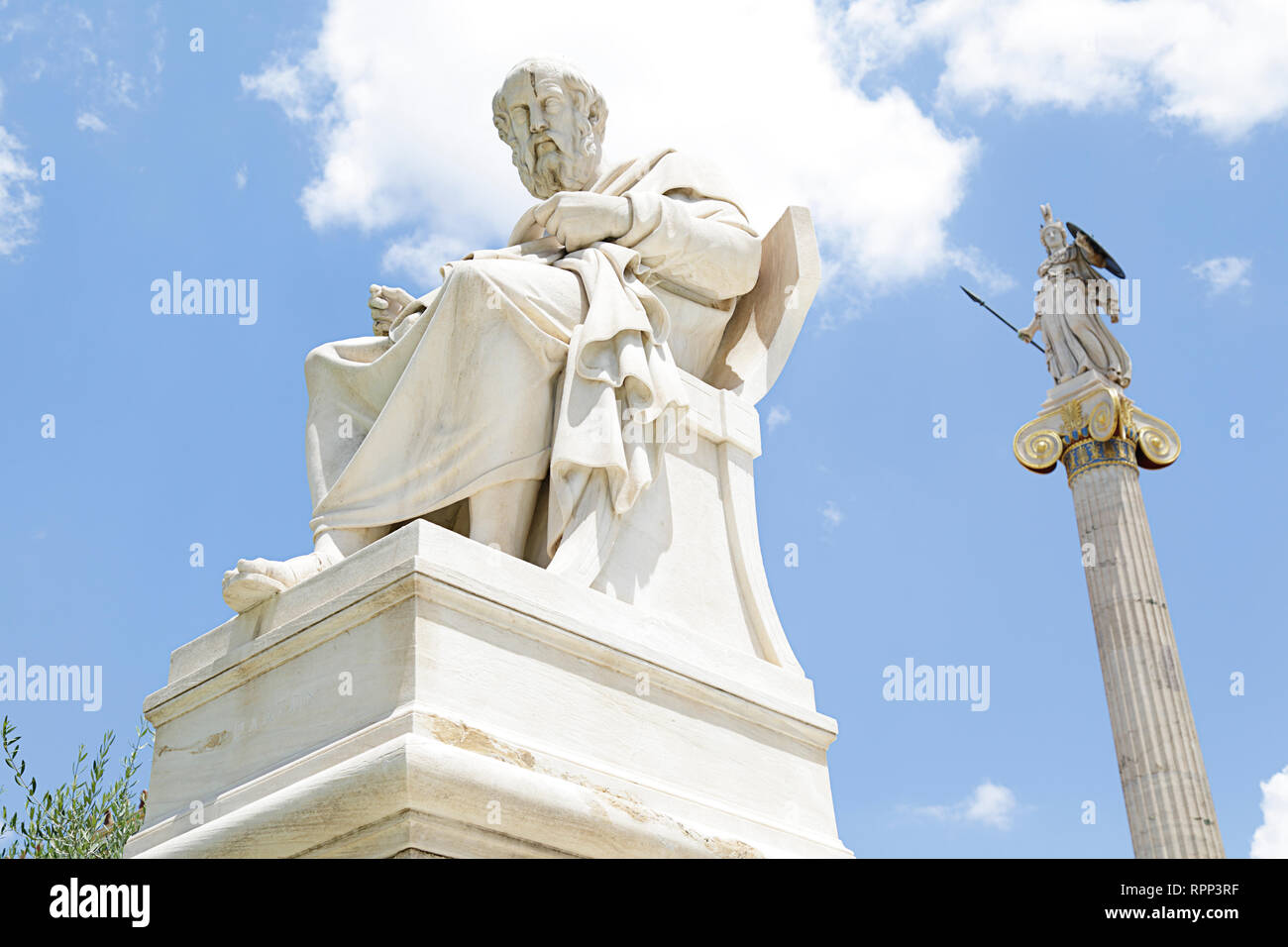 Statues of the ancient Greek philosopher Plato and goddess Athena