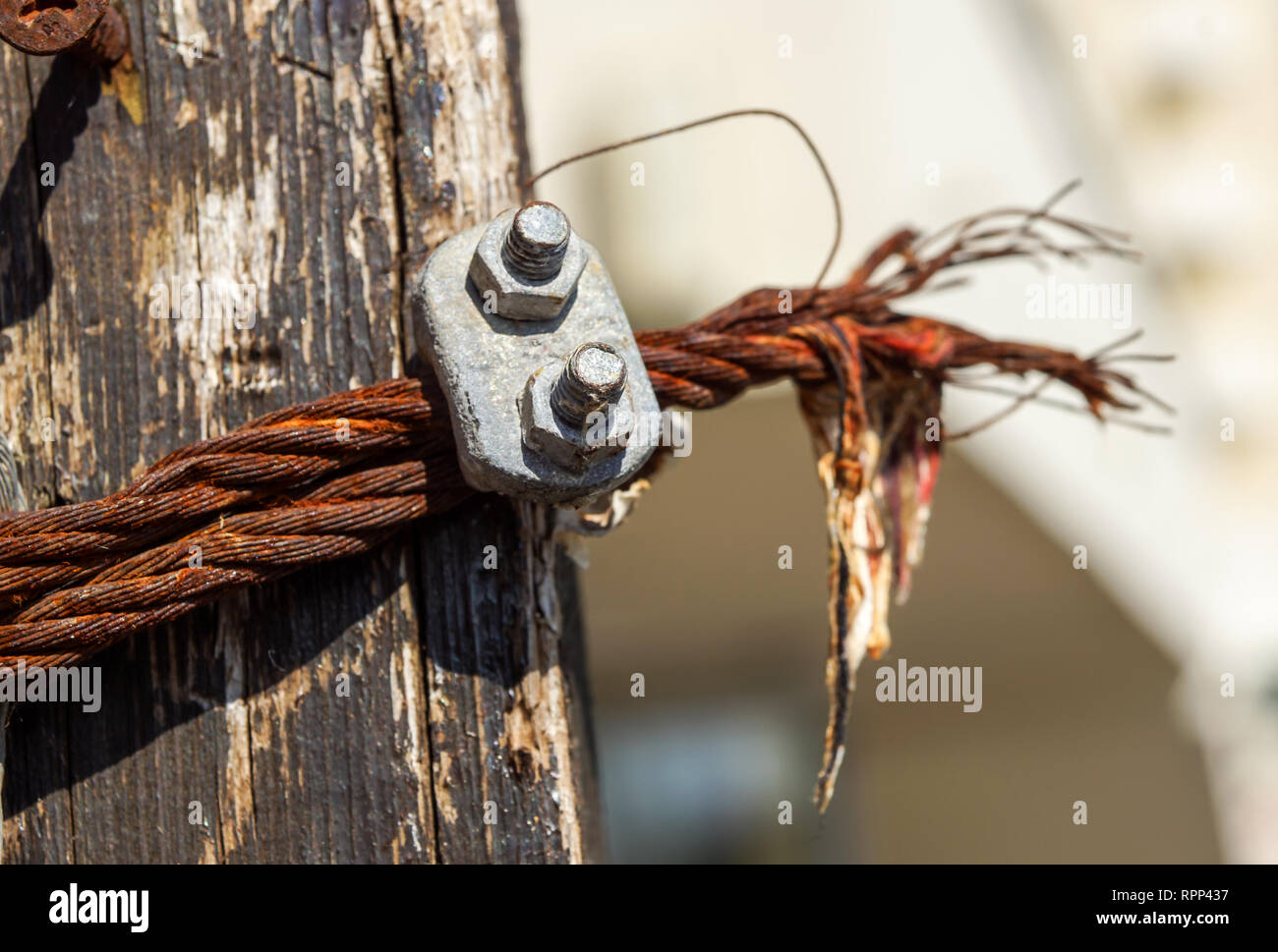 Close picture of a wire rope with a wire rope clamp of an old Bulgarian suspension footbridge, blurred outdoor background, side view Stock Photo