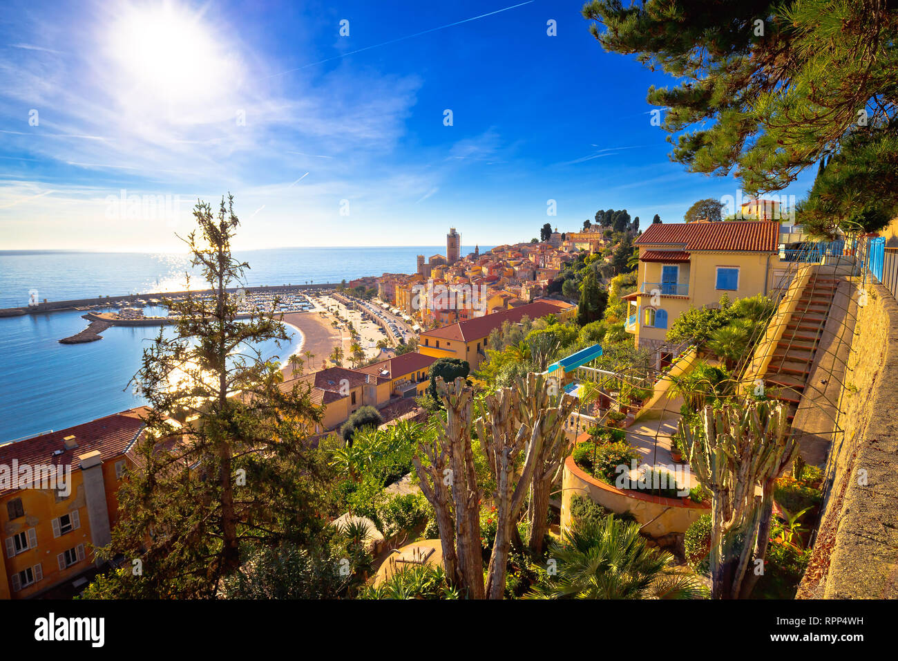 Colorful Cote d Azur town of Menton waterfront architecture view, Alpes