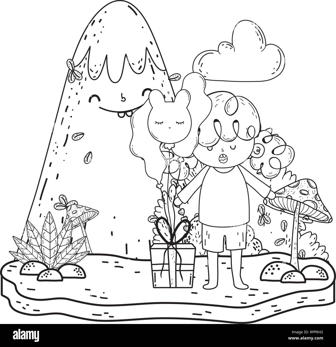 cute little girl with gift and balloons helium in the landscape Stock ...