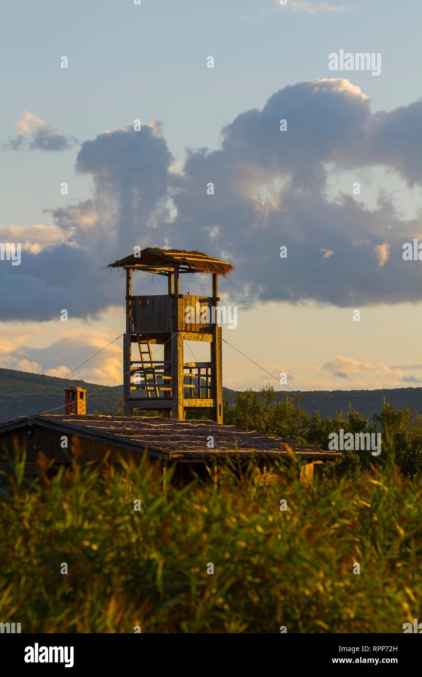Bird-watching watchers wooden observation post Dalmatia Croatia Vrana lake Stock Photo