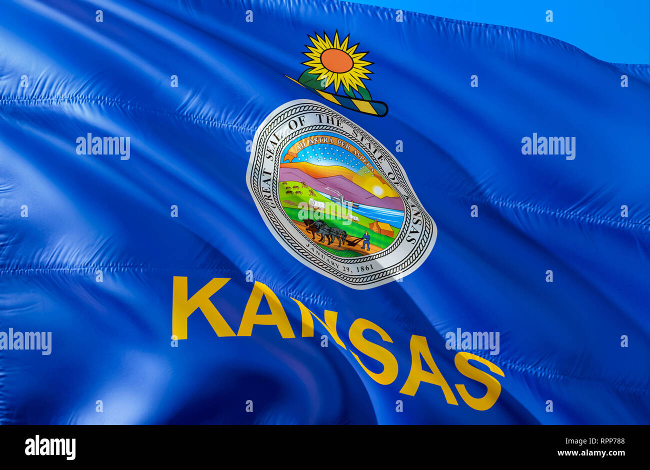 Kansas flag. 3D Waving USA state flag design. The national US symbol of