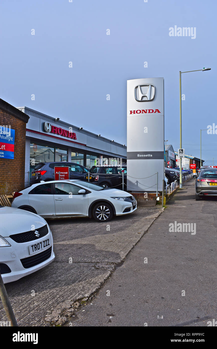 The Bassetts Honda garage, showroom and forecourt in Tremains Road, Bridgend. Local South Wales