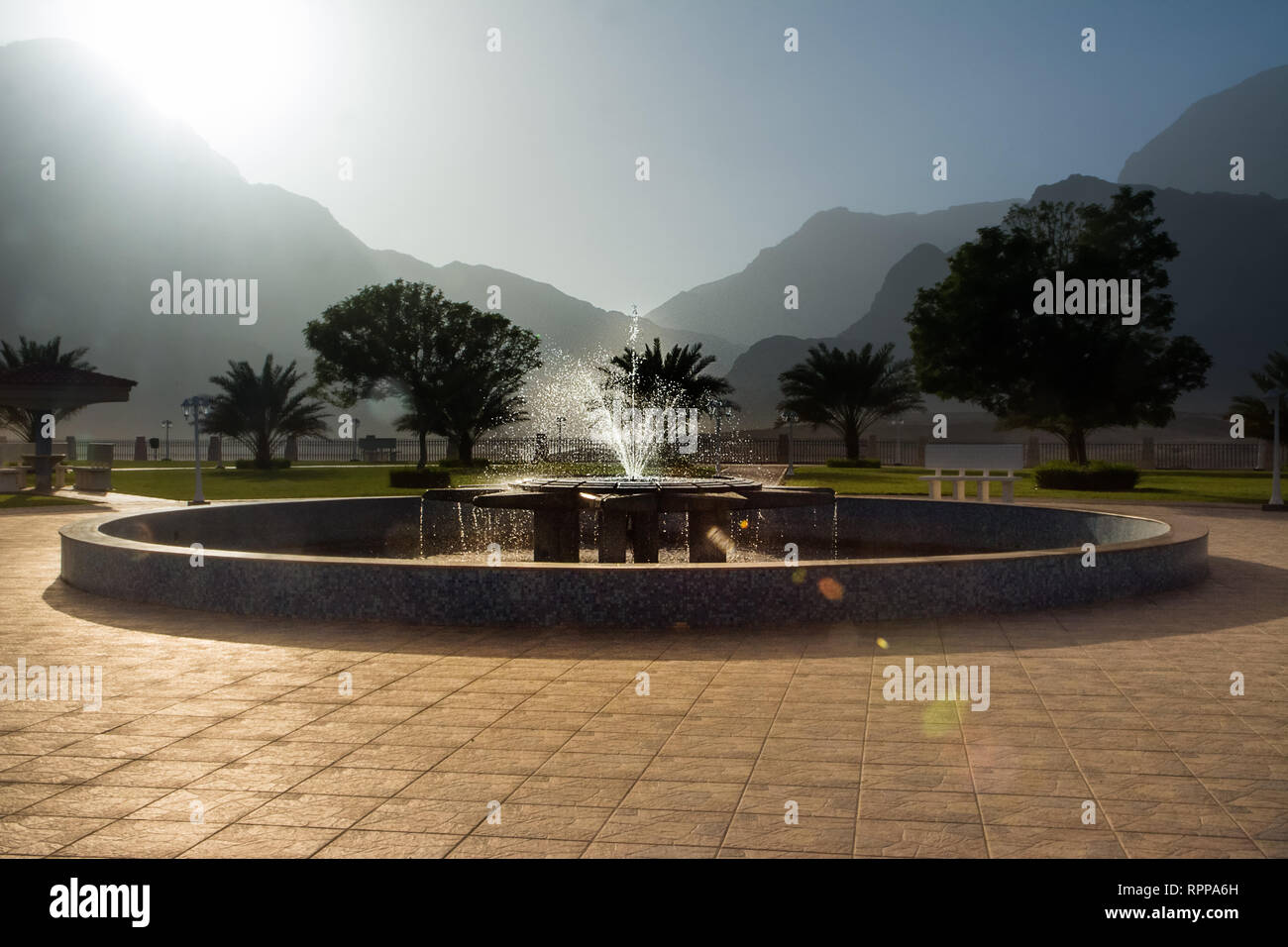 Fountain at Wadi Dayqah Dam Botanical Garden (Oman) Stock Photo