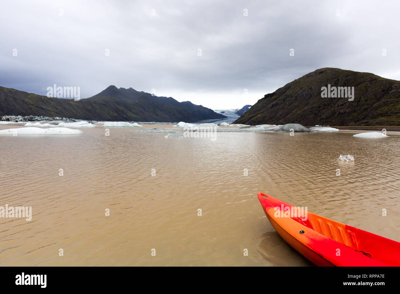 Kayaking through a glacial lagoon after a storm in Iceland Stock Photo