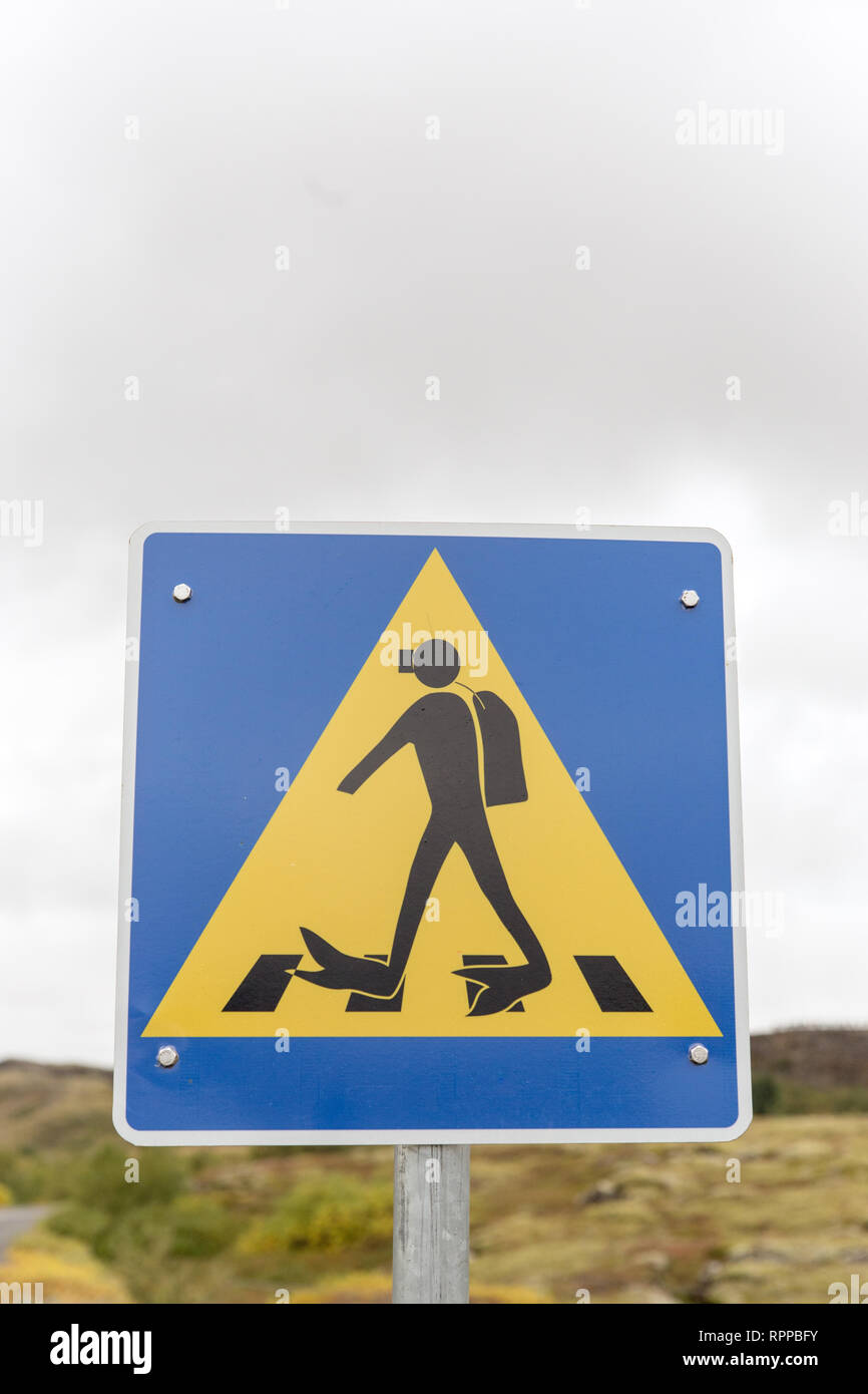 A scuba diver crossing sign in Thingvellir National Park, Iceland Stock Photo