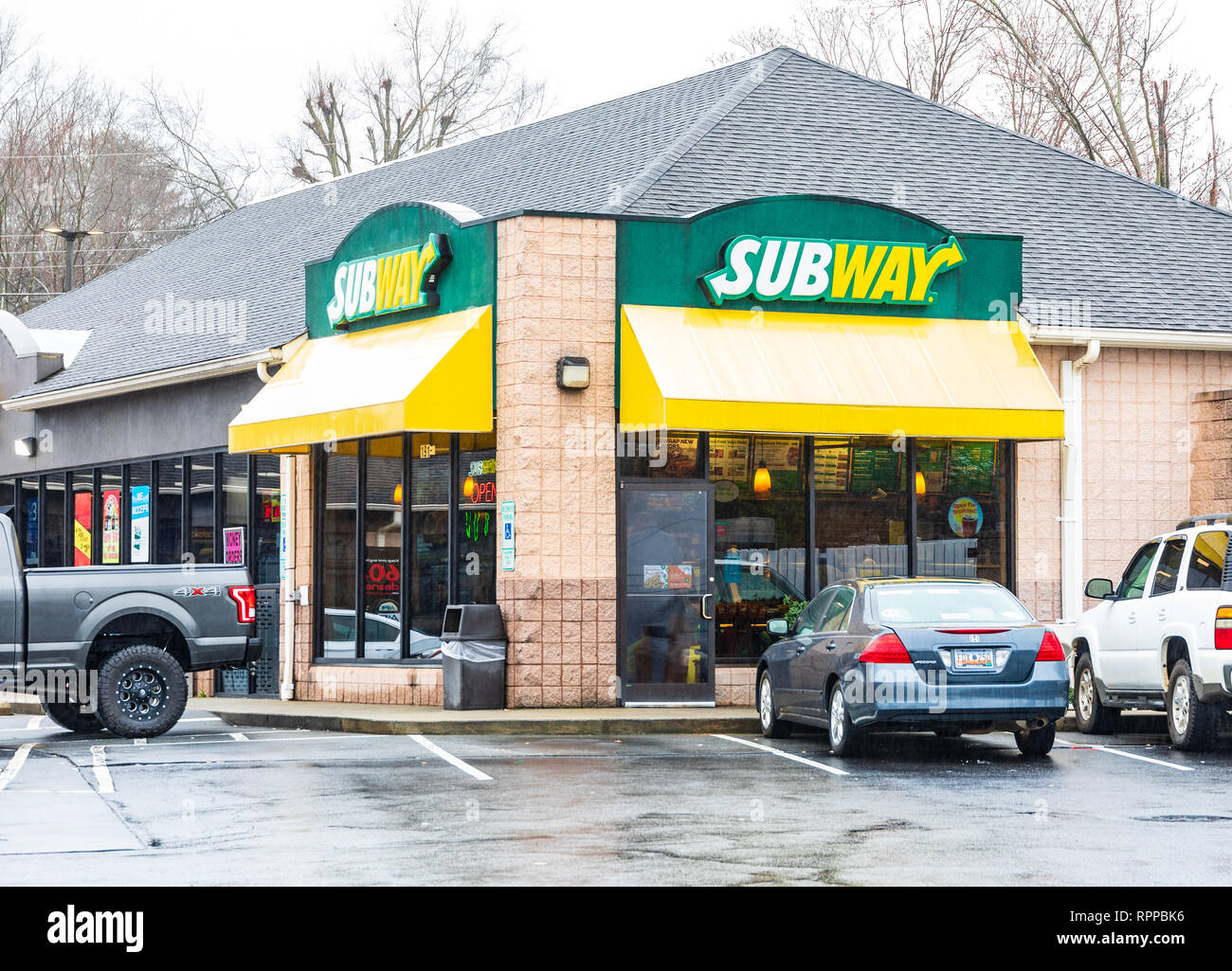 HICKORY, NC, USA-2/22/19:  Subway is a American fast food restaurant franchise, specializing in submarine sandwiches, with approximately 42,000 stores Stock Photo