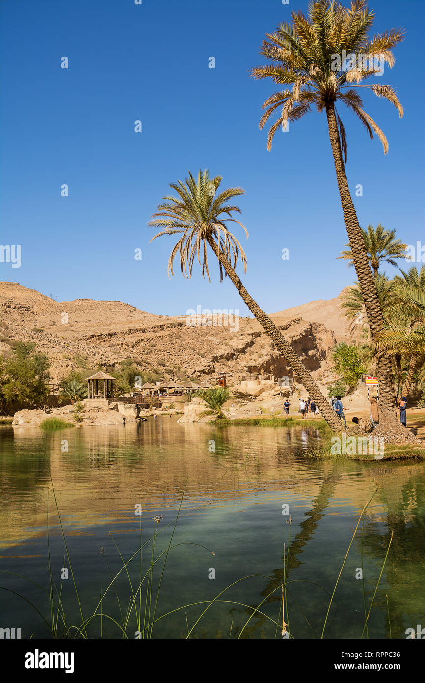 Wadi Bani Khalid, Oman - November 5, 2018: Oasis and lake (wadi) in the desert with tourists Stock Photo