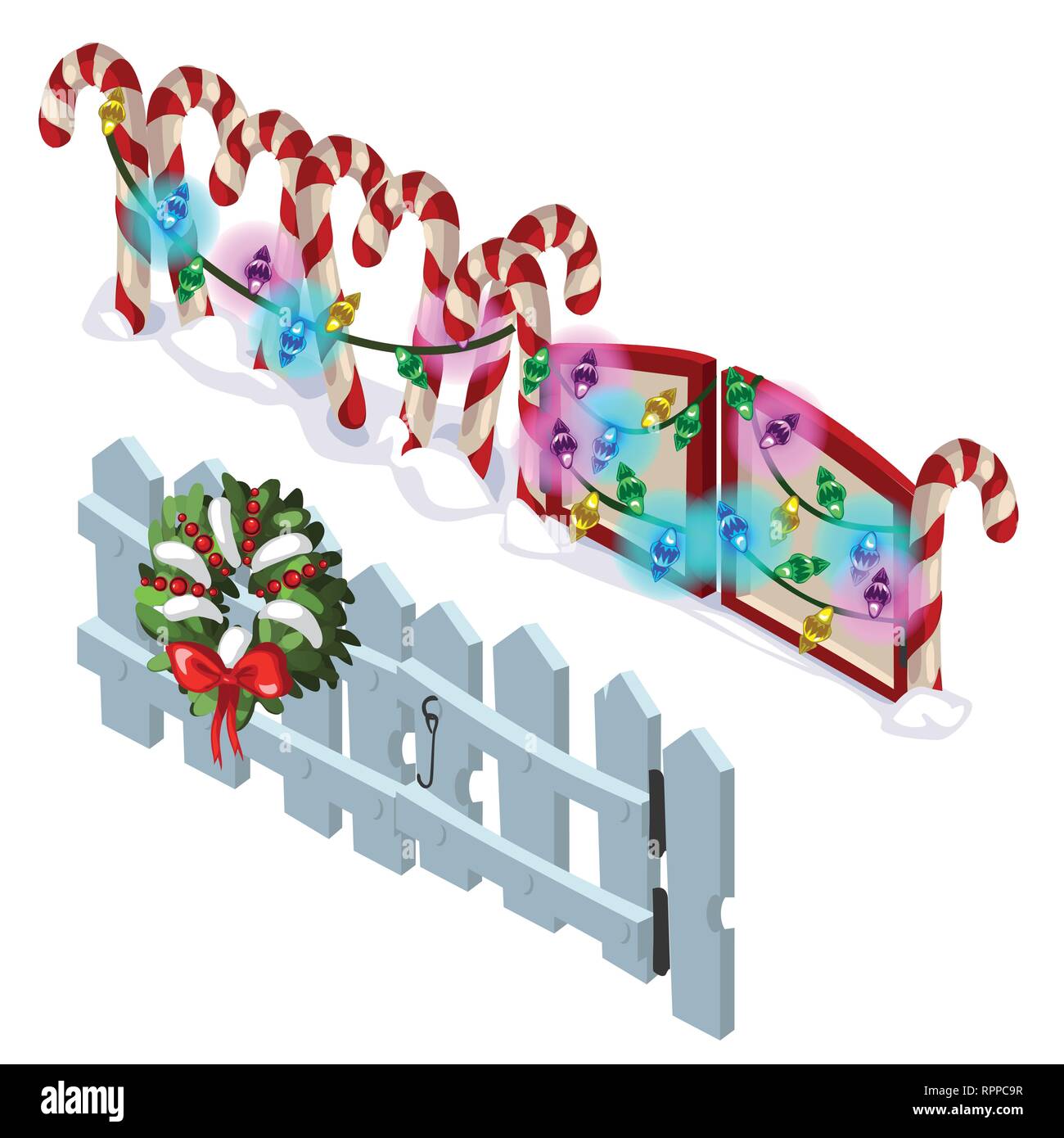 Element of wooden fence and candy cane with Christmas decorations isolated on white background. Vector cartoon close-up illustration. Stock Vector