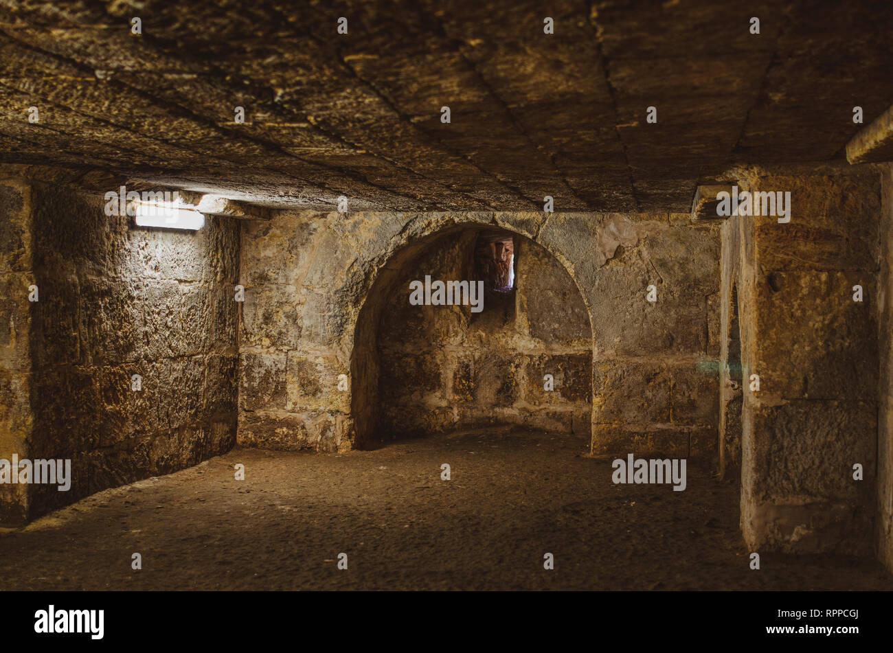 Old grunge vintage Basement interior with bricks walls and floor. Stock Photo