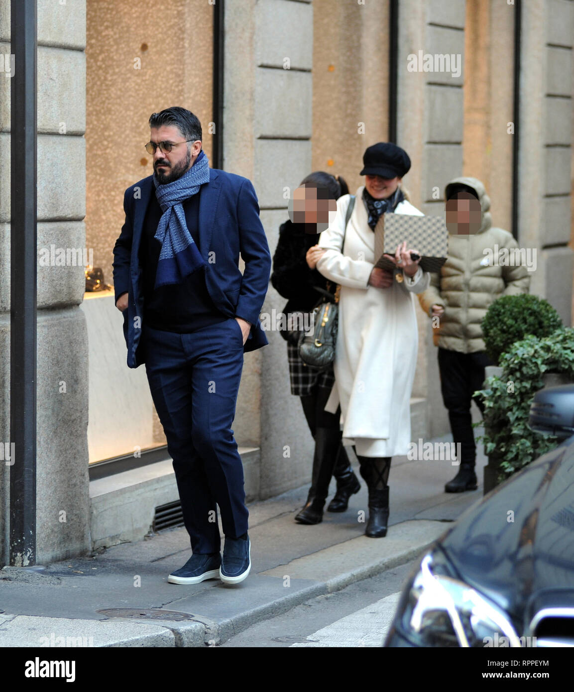 Rino Gattuso out and about with his family after having a meal at the Salumaio di Montenapoleone in Milan  Featuring: Rino Gattuso Where: Milan, Italy When: 22 Jan 2019 Credit: IPA/WENN.com  **Only available for publication in UK, USA, Germany, Austria, Switzerland** Stock Photo