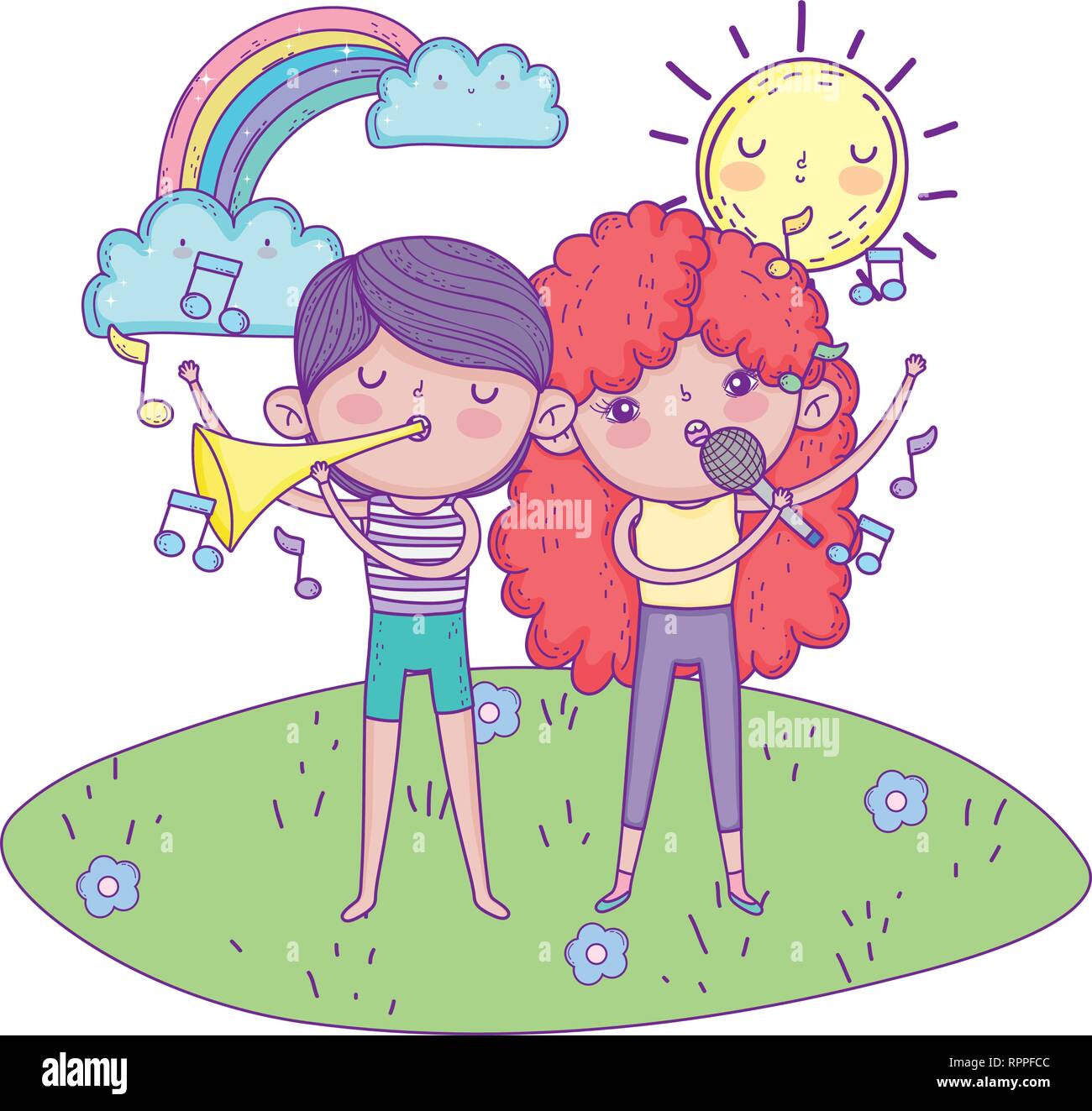 Girl Singing And Boy Playing Trumpet In The Landscape Stock Vector